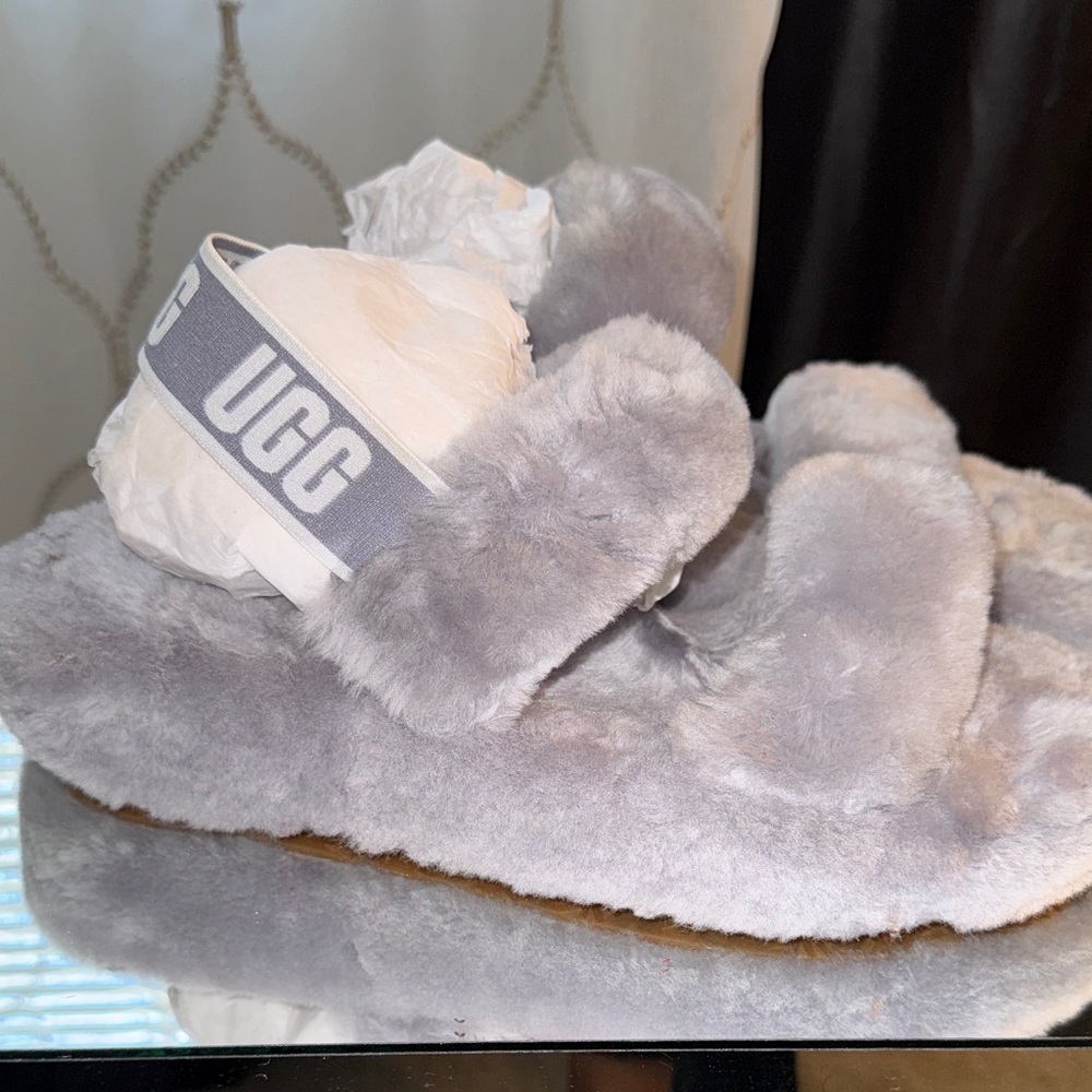 UGG Gray Plush Fluff Slide Sandals with Logo Heel Strap